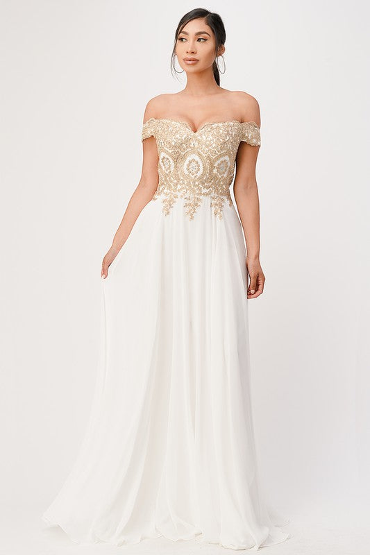 luxury with this stunning off-the-shoulder chiffon gown