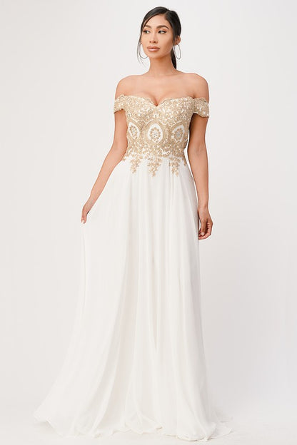 luxury with this stunning off-the-shoulder chiffon gown