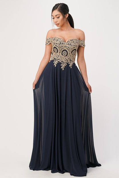 luxury with this stunning off-the-shoulder chiffon gown