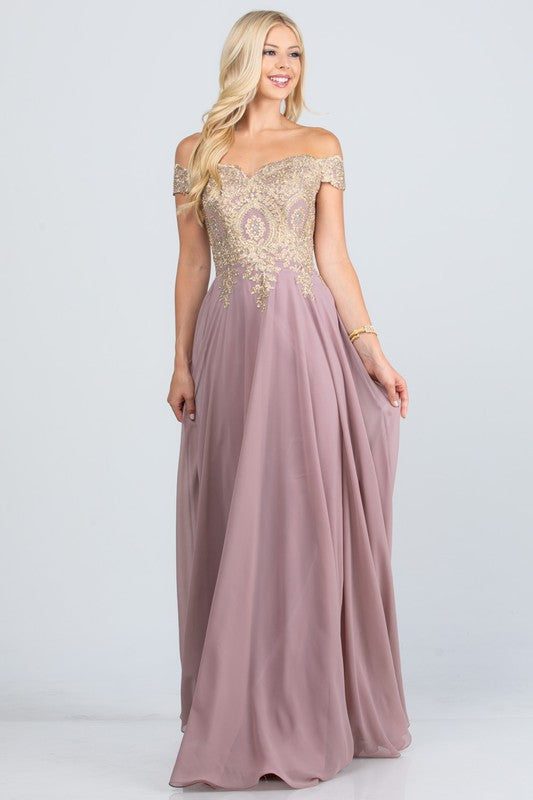 luxury with this stunning off-the-shoulder chiffon gown