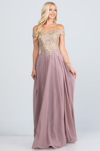 luxury with this stunning off-the-shoulder chiffon gown