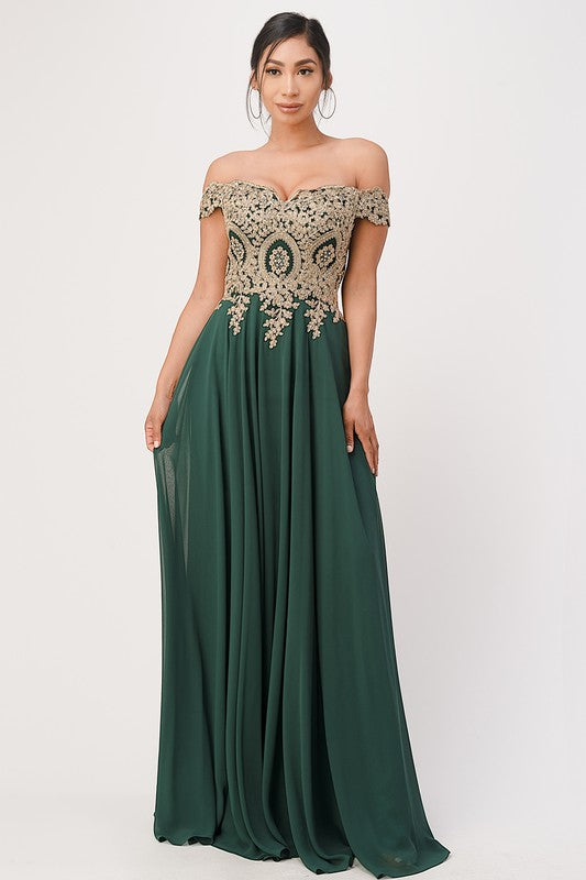 luxury with this stunning off-the-shoulder chiffon gown