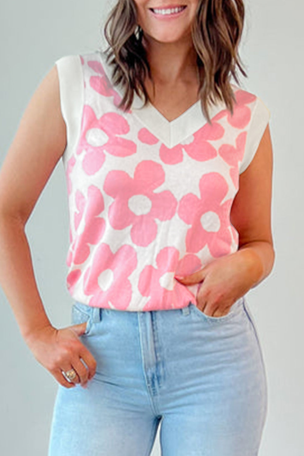 Charming Pink Floral Knitted V-Neck Sleeveless Tank Top