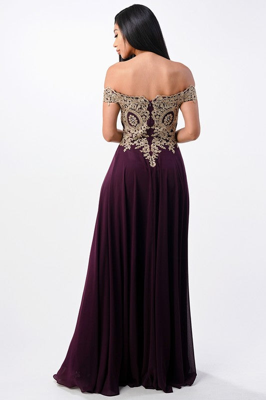 luxury with this stunning off-the-shoulder chiffon gown