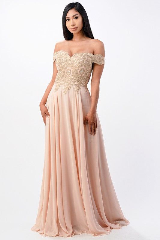 luxury with this stunning off-the-shoulder chiffon gown