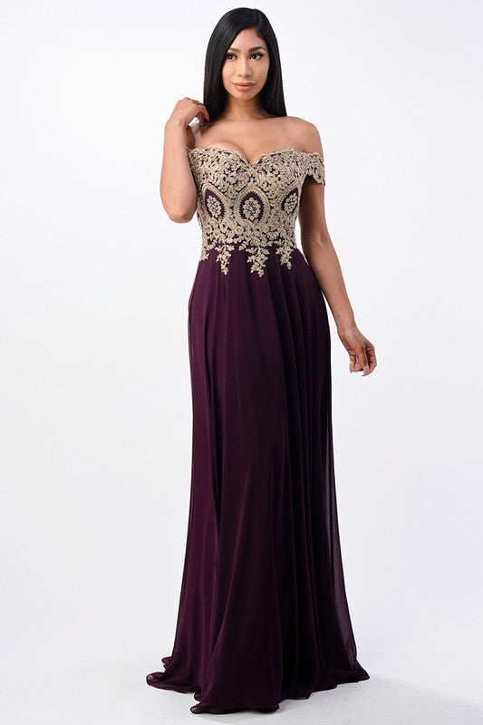 luxury with this stunning off-the-shoulder chiffon gown