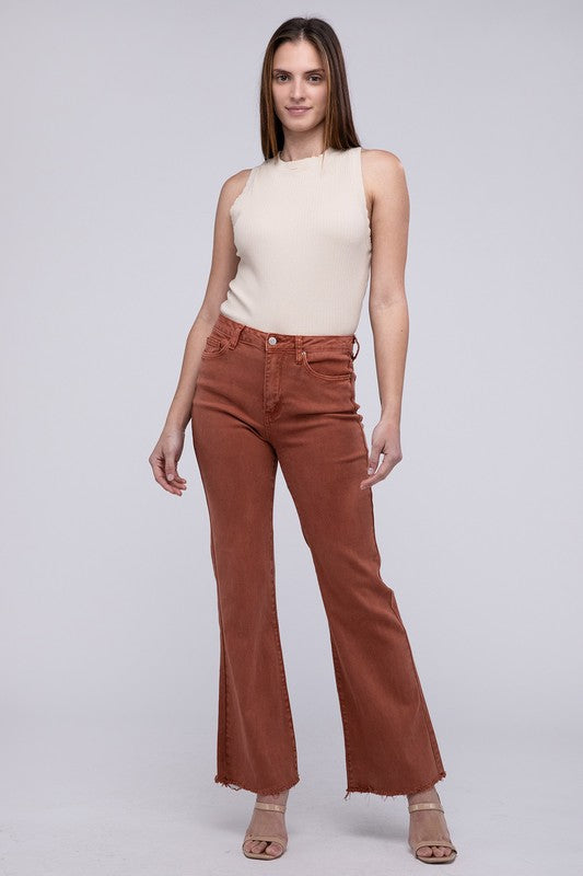 Acid -washed frayed cutoff hem straight wide pants.