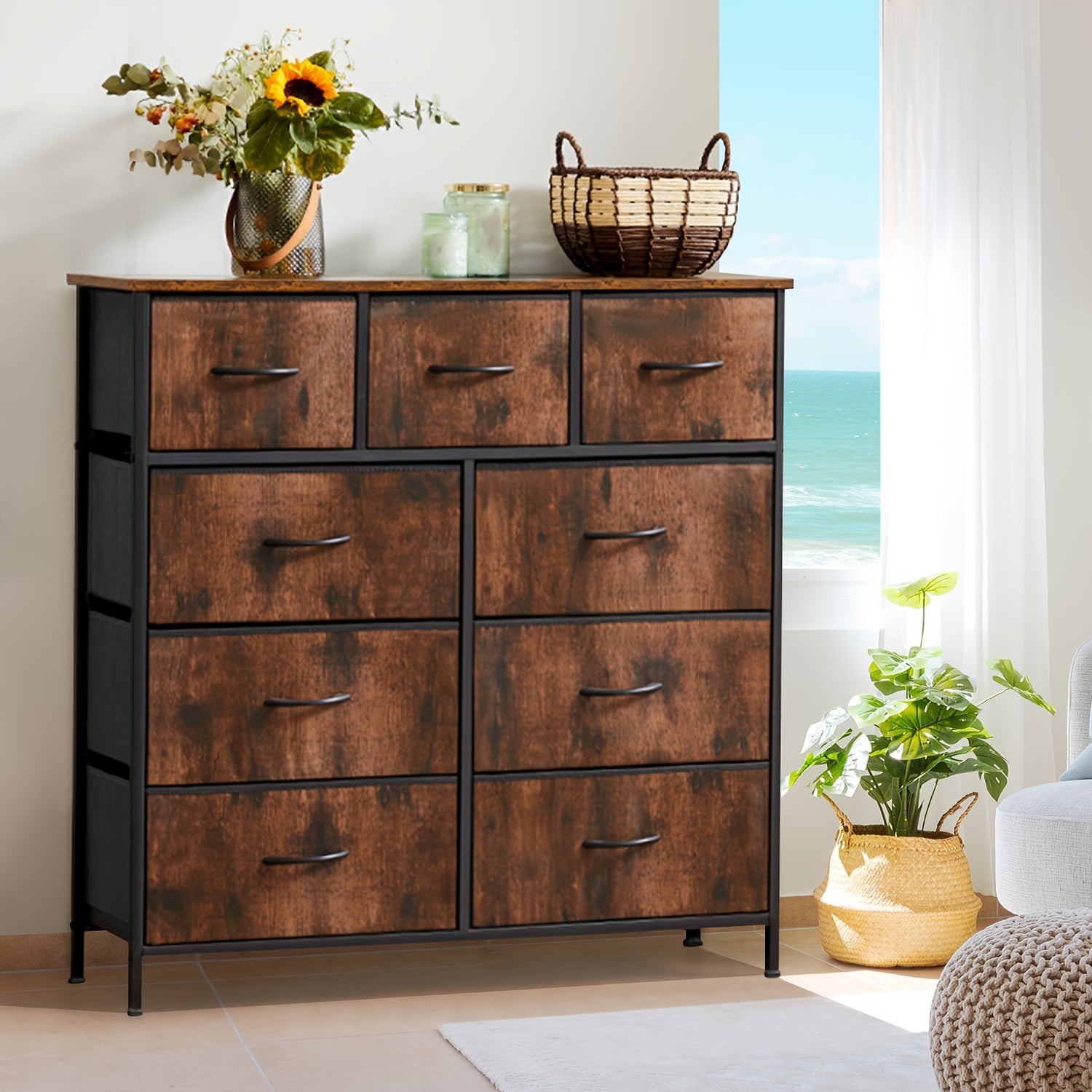 9-Drawer Idle Way Dresser - Sturdy Metal Frame, Wood Tabletop, Fabric Closet Organizer, Chest Storage Tower for Bedroom, Living Room, and Entryway