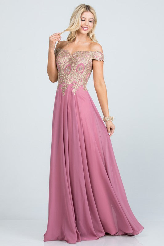 luxury with this stunning off-the-shoulder chiffon gown