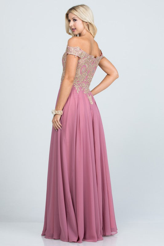 luxury with this stunning off-the-shoulder chiffon gown