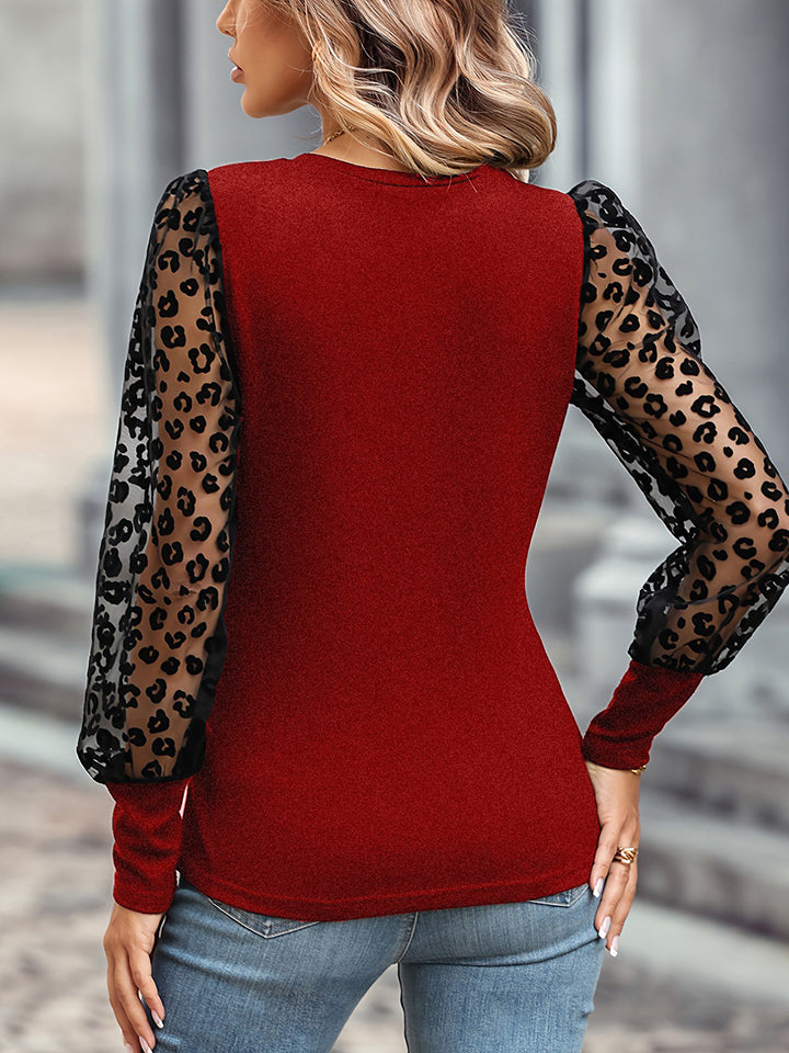 Leopard Print Sheer Round Neck Top