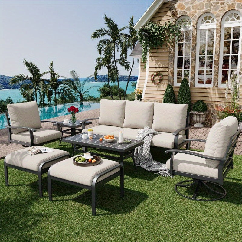 Outdoor Metal Patio Dining Furniture Set with 360° Swivel Rocking Chairs and Coffee Table, Versatile Conversation Set