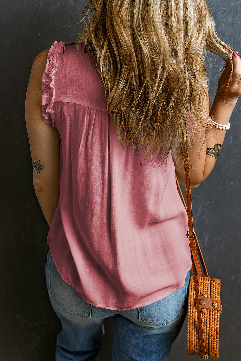 Chic White Ruffled Tank Top with Buttoned Neck and Split Design