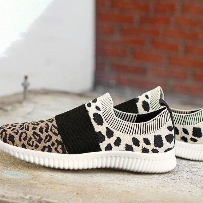 Womens Sneakers Shoes Slip On Knitted Casual Mesh Leopard Tennis  Walking Sock Shoes