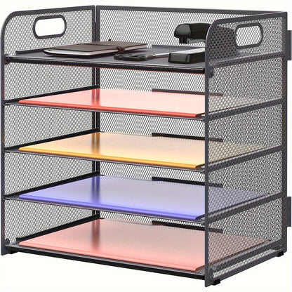 5-Layer Paper Organizer with Handle, Tray Mesh Desktop File Organizer, Paper Sorter. Desktop Organizer for Office Desk