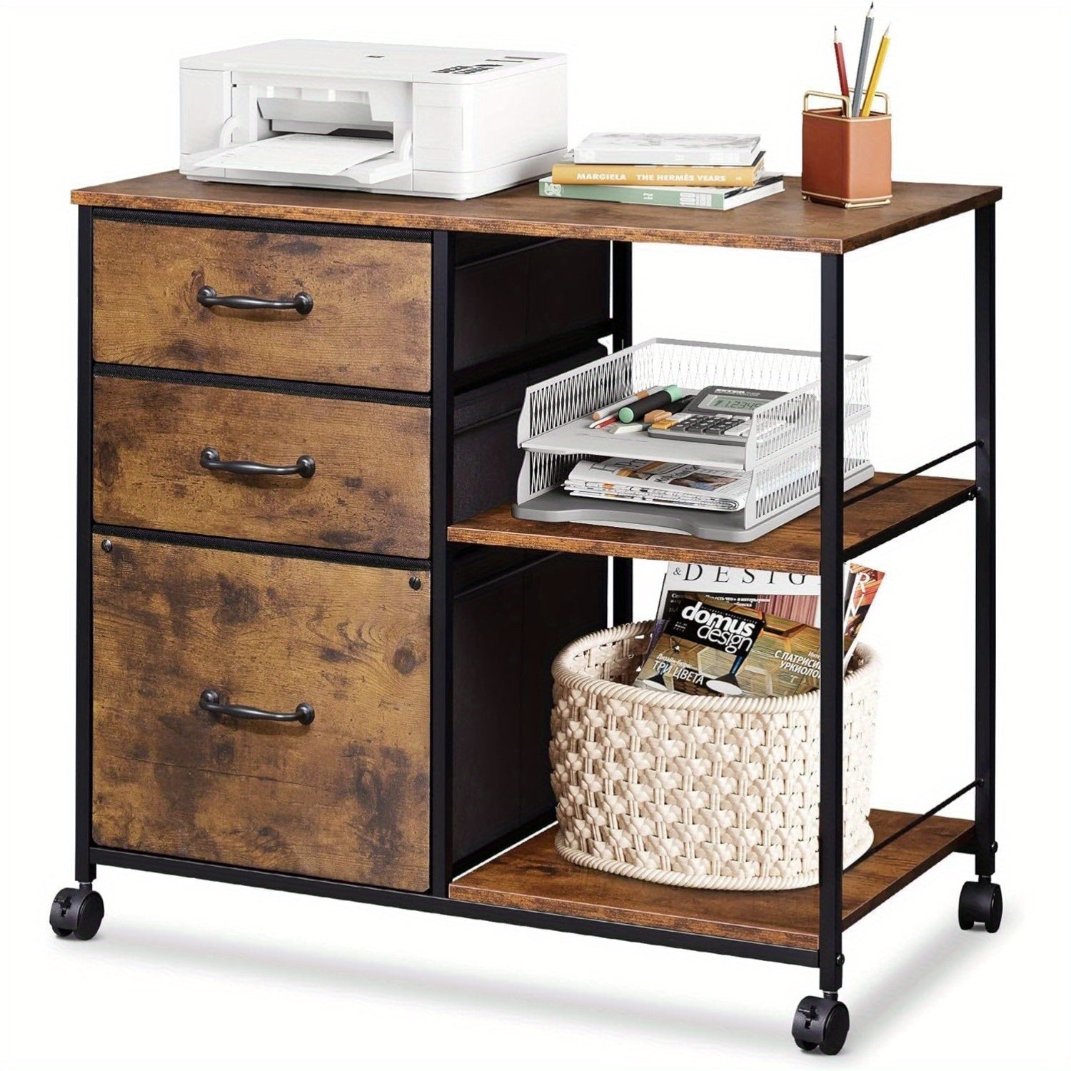 3 Drawer Mobile File Cabinet, Rolling Printer Stand with Open Storage Shelf, Fabric Lateral Filing Cabinet Fits A4 Or Letter Size for Home Office, Rustic Brown Wood Grain Print