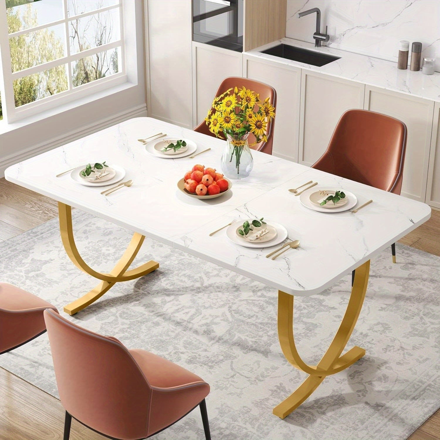 Designed for 4 to 6: Rectangular Dining Table Measuring 63-Inch in White and Golden