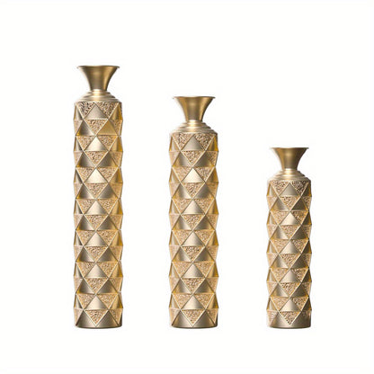 Set Of 3 Metal Decorative Vases | High Distress Metal Center Vase With 3D Triangle Pattern, 33.5 &quot;, 29.5 &quot;, 25.2 &quot; high, Golden