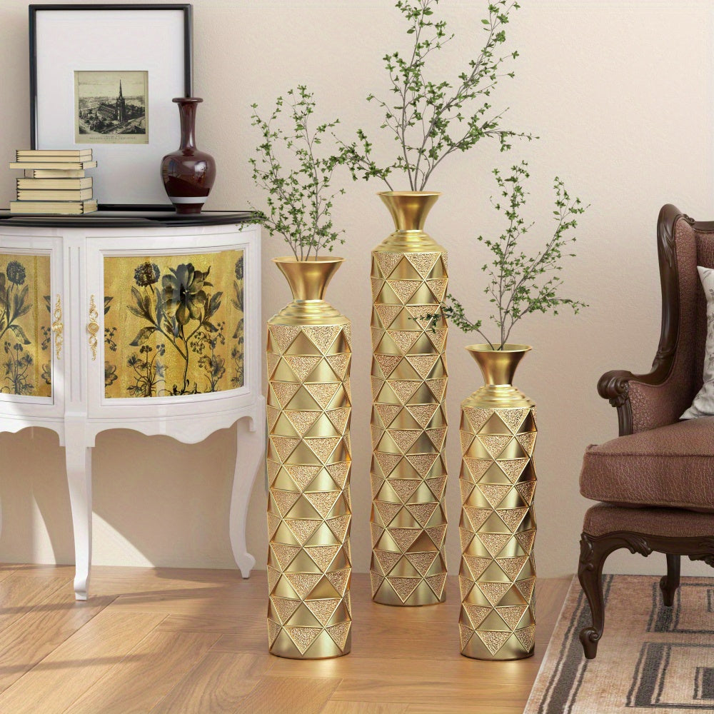 Set Of 3 Metal Decorative Vases | High Distress Metal Center Vase With 3D Triangle Pattern, 33.5 &quot;, 29.5 &quot;, 25.2 &quot; high, Golden