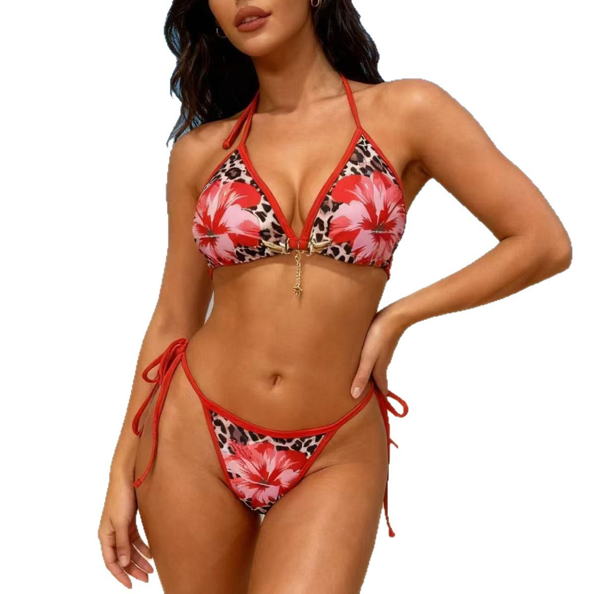 Leopard Print Red Flower Bikini Tie-Up Two-Piece Swimsuit Bikini Export