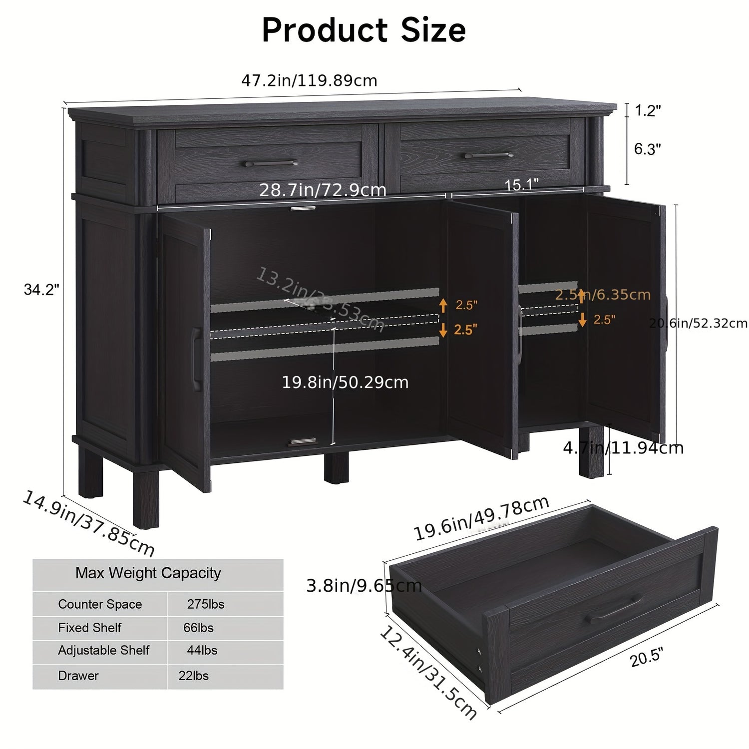 48&quot; Black Farmhouse Sideboard with Storage - Wooden Coffee Bar Cabinet Featuring 2 Drawers, 3 Doors &amp; Adjustable Shelves