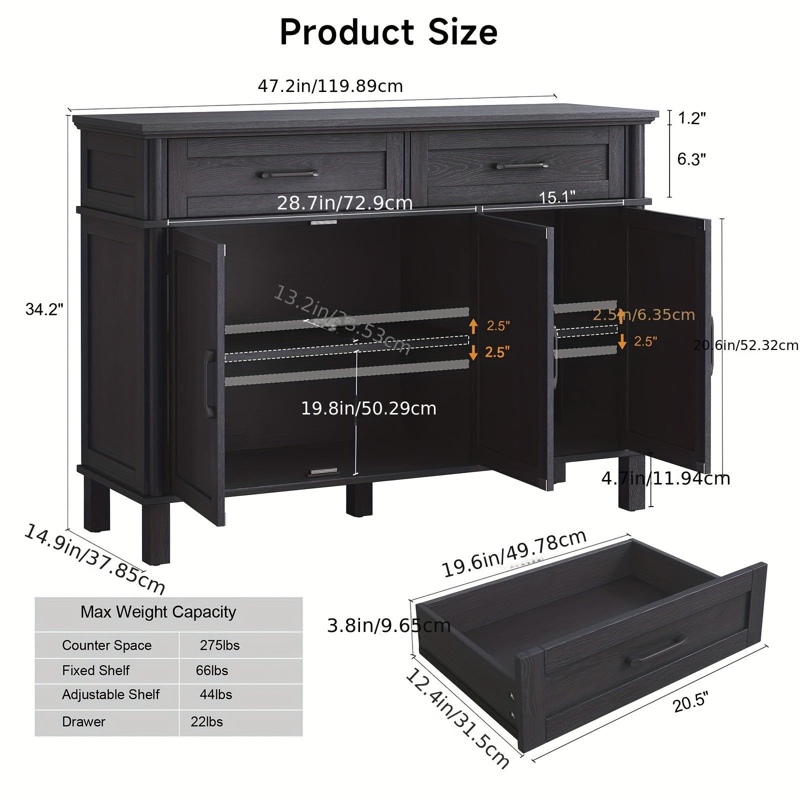 48&quot; Black Farmhouse Sideboard with Storage - Wooden Coffee Bar Cabinet Featuring 2 Drawers, 3 Doors &amp; Adjustable Shelves