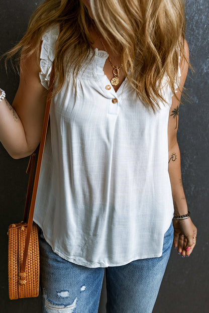 Chic White Ruffled Tank Top with Buttoned Neck and Split Design