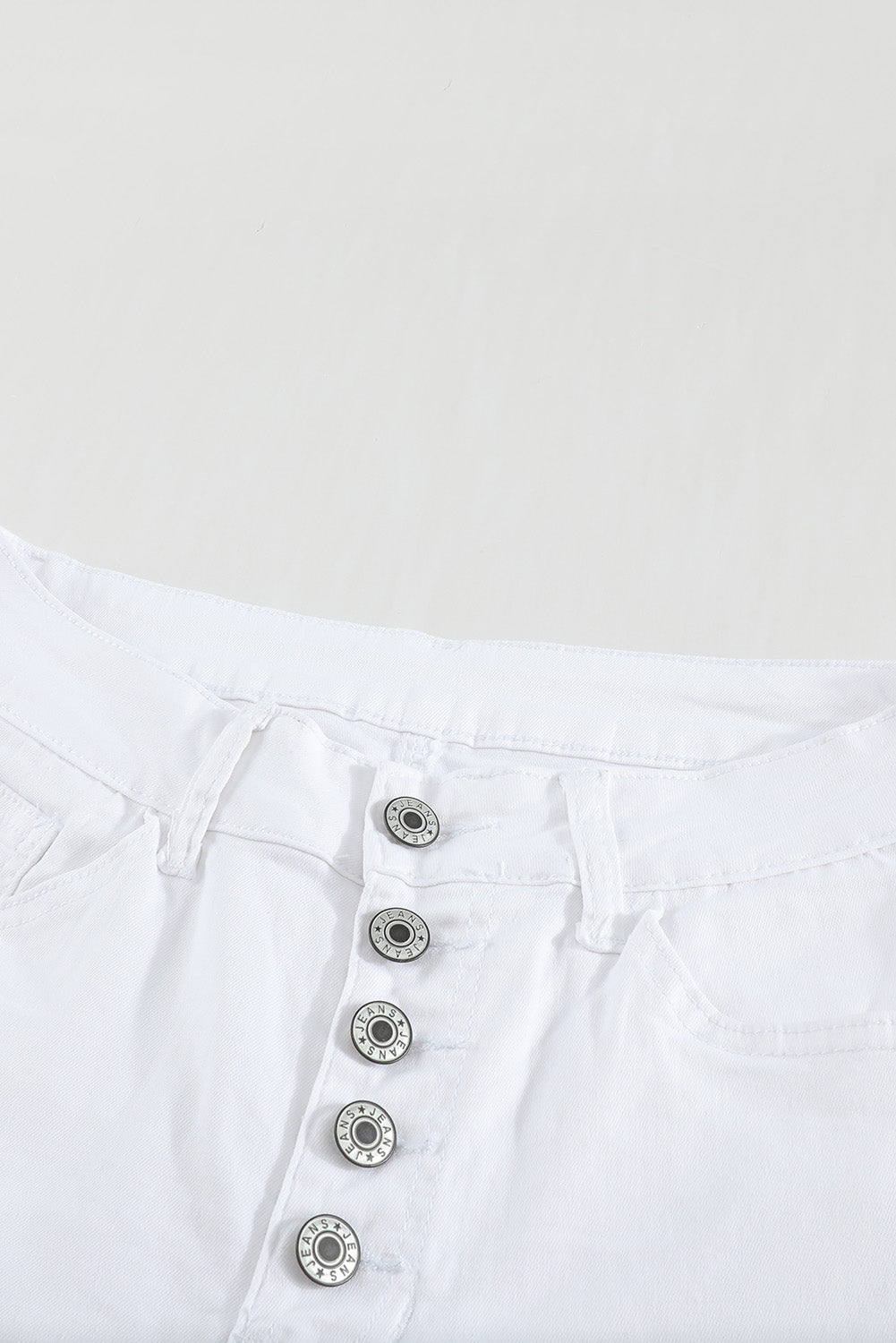 White Plain High Waist Buttons Frayed Cropped Denim Jeans