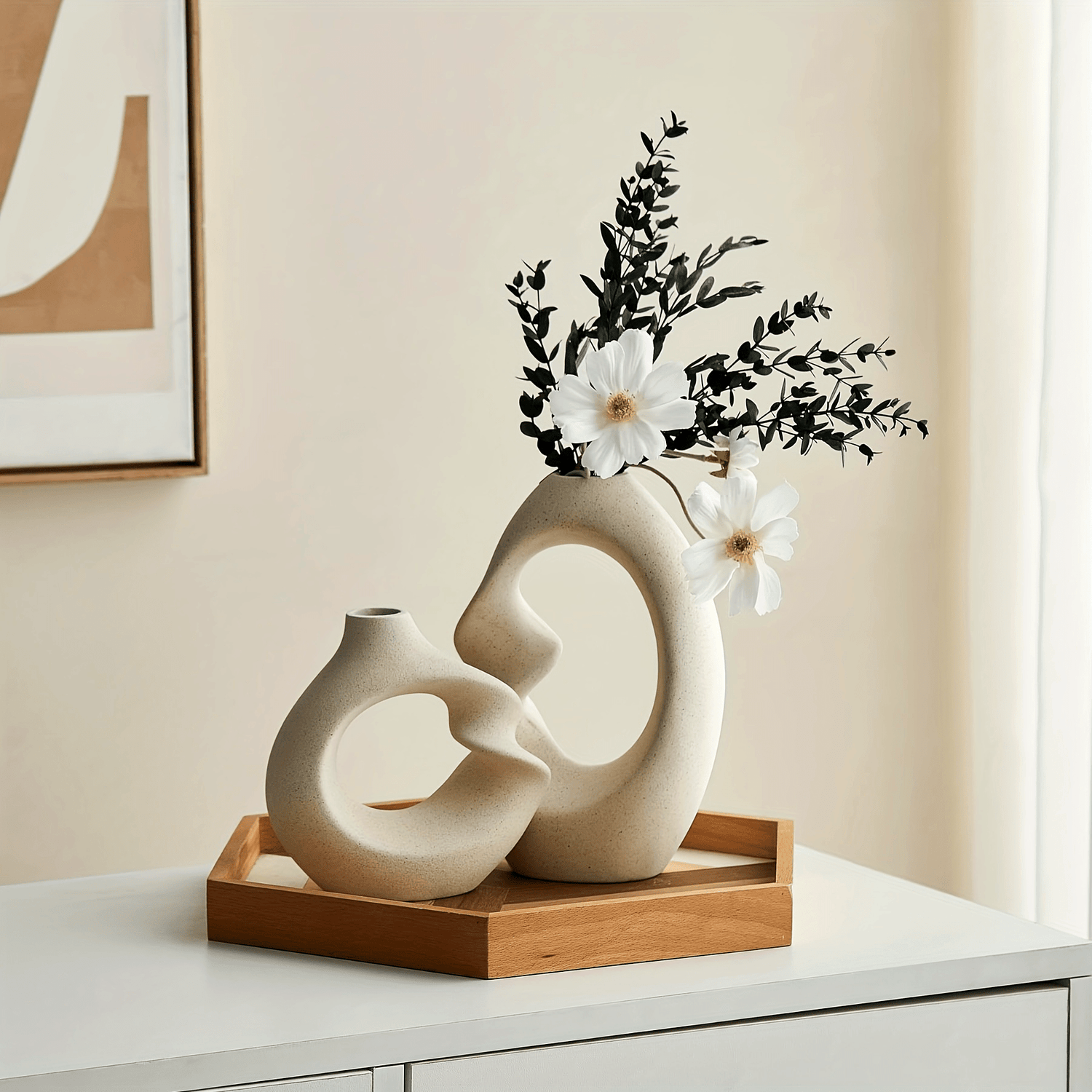 Modern Abstract Vase Set, White Ceramic Vase Modern Vase 2pcs Set Abs