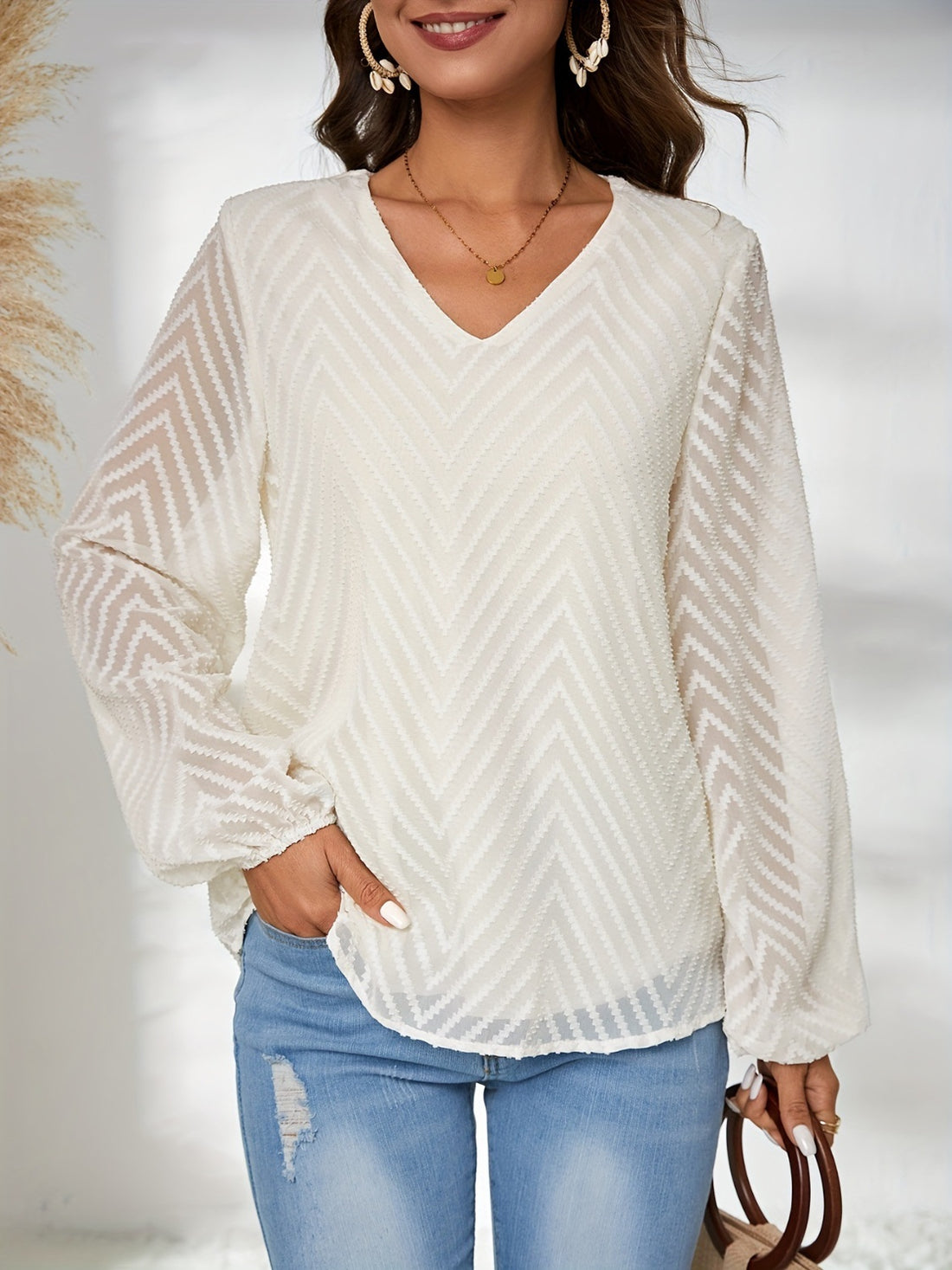 V-Neck Balloon Sleeve Blouse