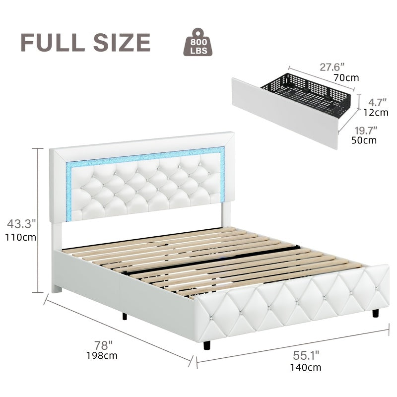 Twin Full Queen King Size Bed Frames With LED Lights And Storage Drawers, Upholstered Platform Bed With Diamond Headboard, Princess Platform Bed,