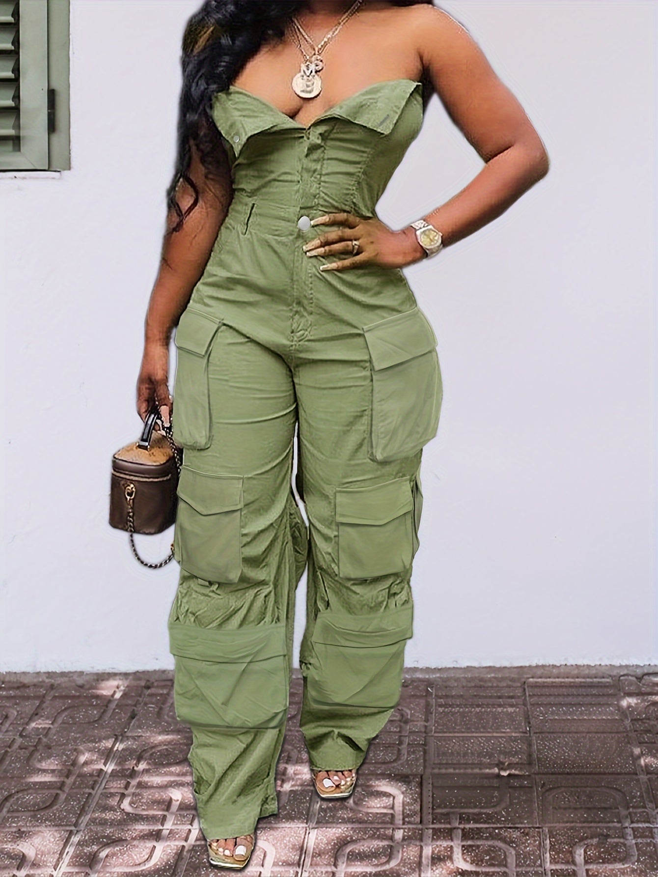 CHICSALE Women’s Bandeau Jumpsuit - Sexy Tube Top One-Piece with Button Detail