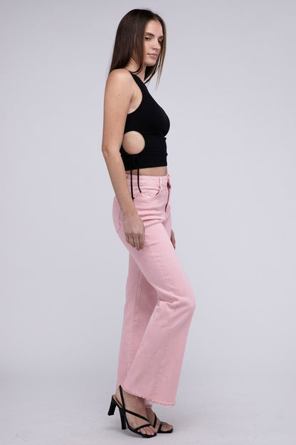 Acid -washed frayed cutoff hem straight wide pants.