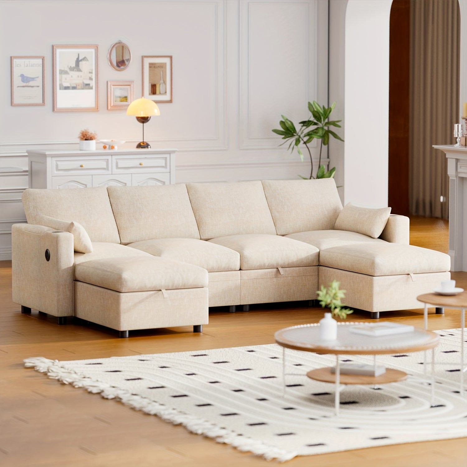 Multi-Seater Fabric Sectional Sofa | Comfortable Sectional Sofa With Storage, Cup Holder, Soft Recliner Combination Sofa For Living Room Or Office, Beige