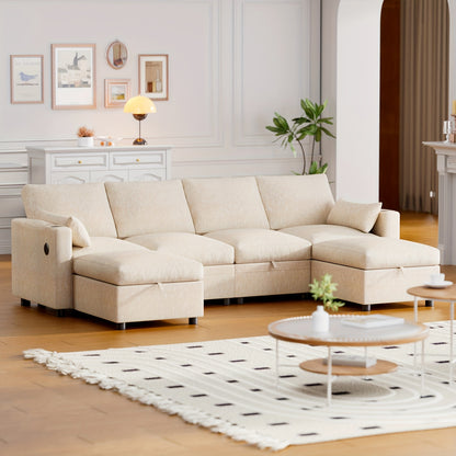 Multi-Seater Fabric Sectional Sofa | Comfortable Sectional Sofa With Storage, Cup Holder, Soft Recliner Combination Sofa For Living Room Or Office, Beige