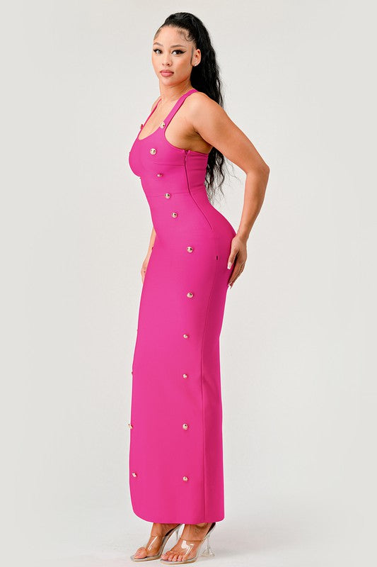 HOT- Bandage Brass Button Detail Maxi Dress for That Special Occasion.