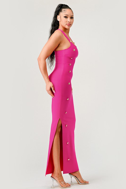 HOT- Bandage Brass Button Detail Maxi Dress for That Special Occasion.