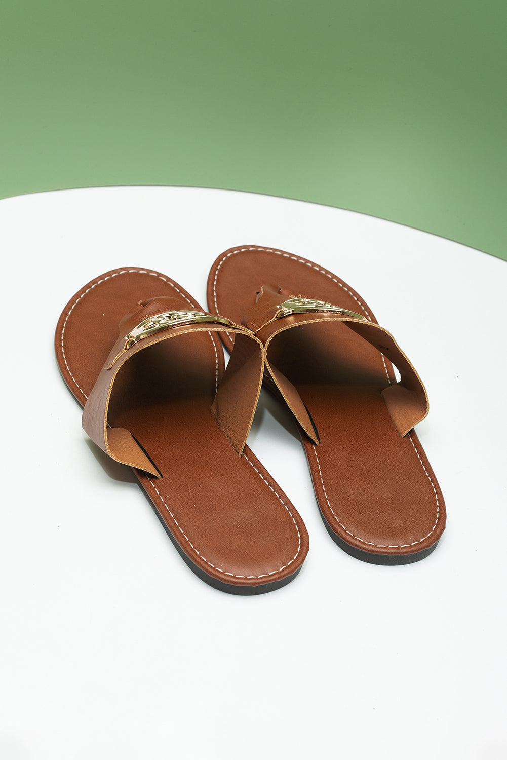 Chestnut Metal Decor Leather Thong Slippers