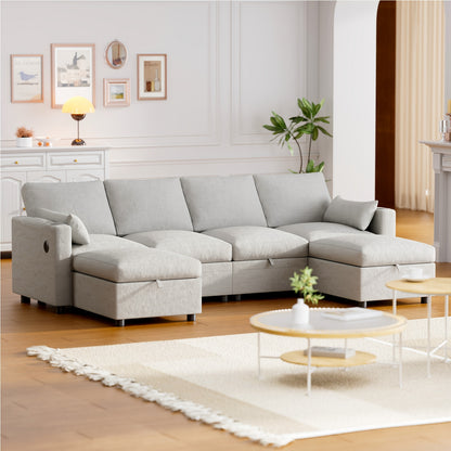 Multi-Seater Fabric Sectional Sofa | Comfortable Sectional Sofa With Storage, Cup Holder, Soft Recliner Combination Sofa For Living Room Or Office, Beige