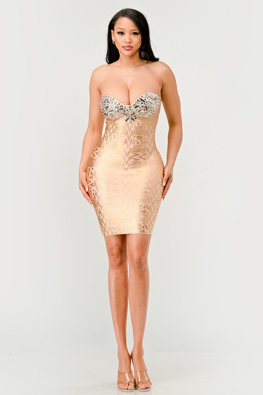 Gilded Glamour Strapless Mini Dress