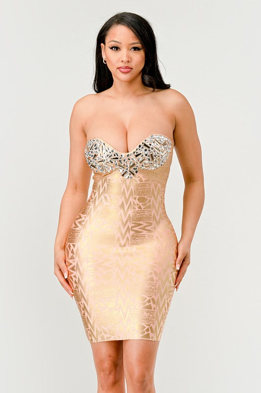 Gilded Glamour Strapless Mini Dress