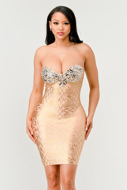 Gilded Glamour Strapless Mini Dress