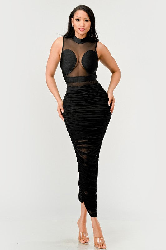 Sleek Black Sheer Illusion Maxi Dress