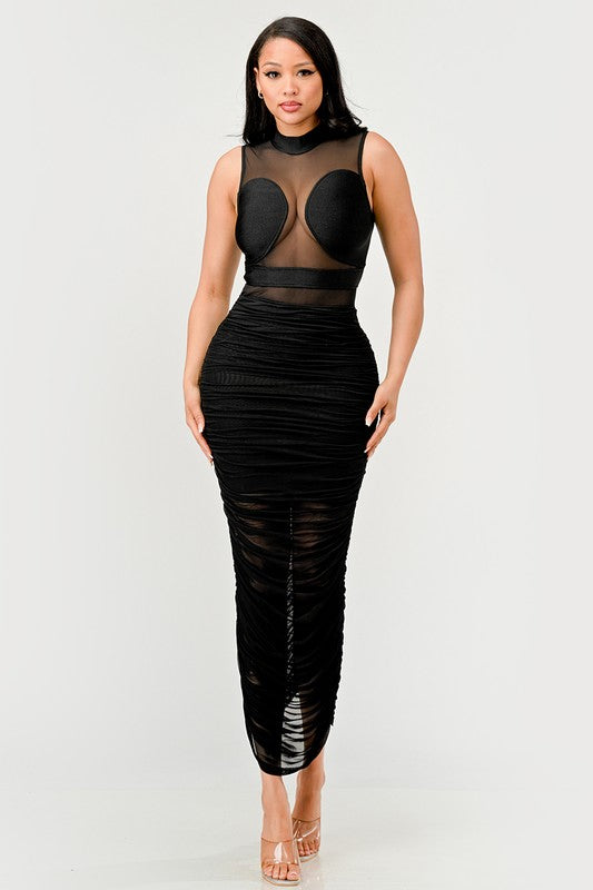 Sleek Black Sheer Illusion Maxi Dress