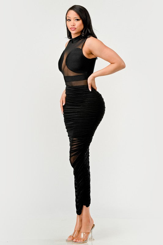 Sleek Black Sheer Illusion Maxi Dress