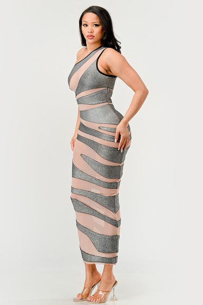 Metallic Bandage Mesh Insert Evening Gown