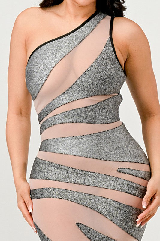 Metallic Bandage Mesh Insert Evening Gown