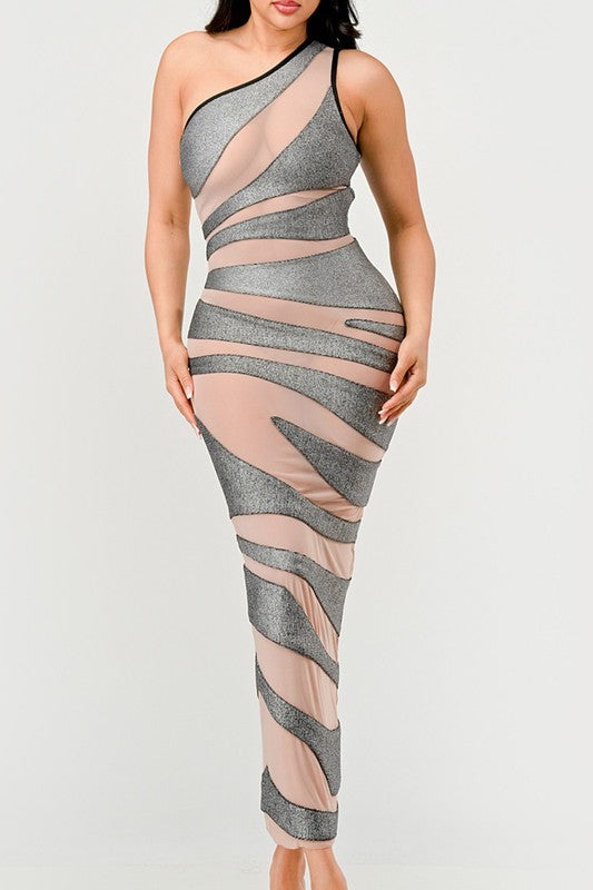 Metallic Bandage Mesh Insert Evening Gown