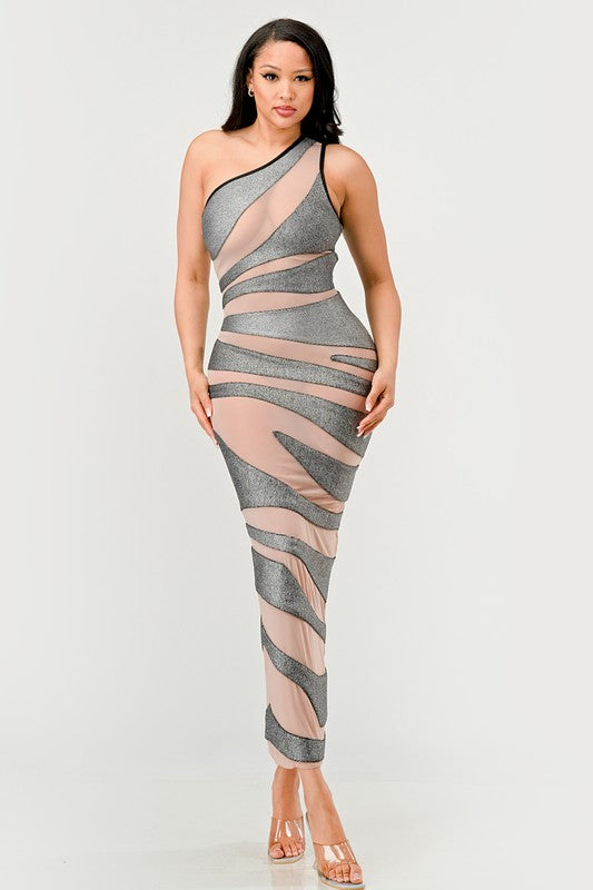 Metallic Bandage Mesh Insert Evening Gown