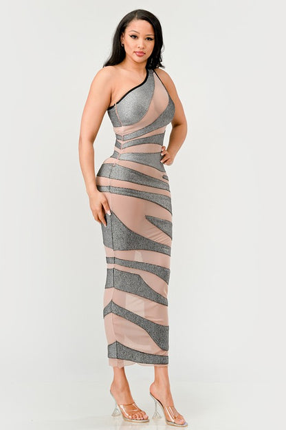 Metallic Bandage Mesh Insert Evening Gown